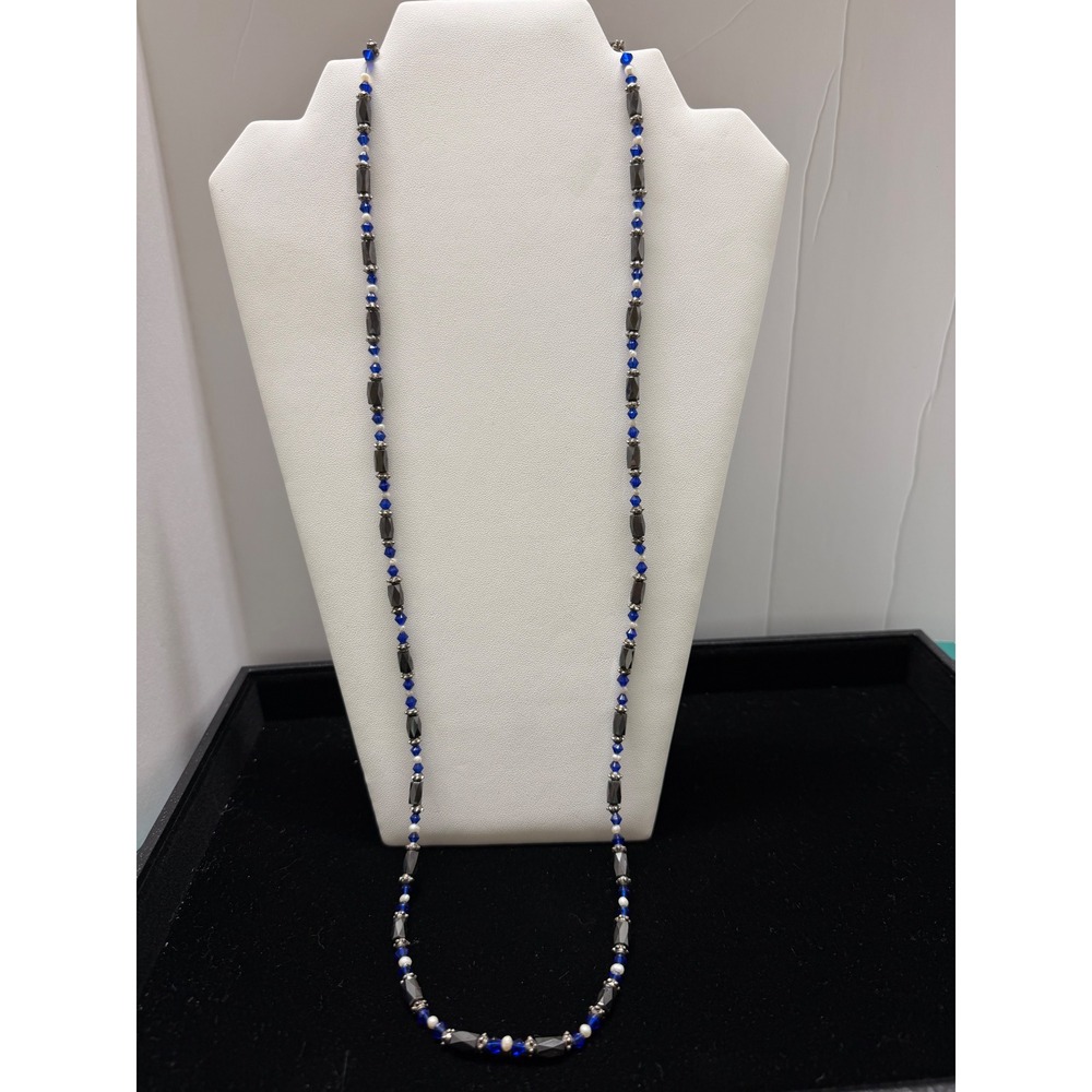 Hematite Style Beaded Long Necklace Blue Crystal White Pearl Gunmetal‎ Tone 36in